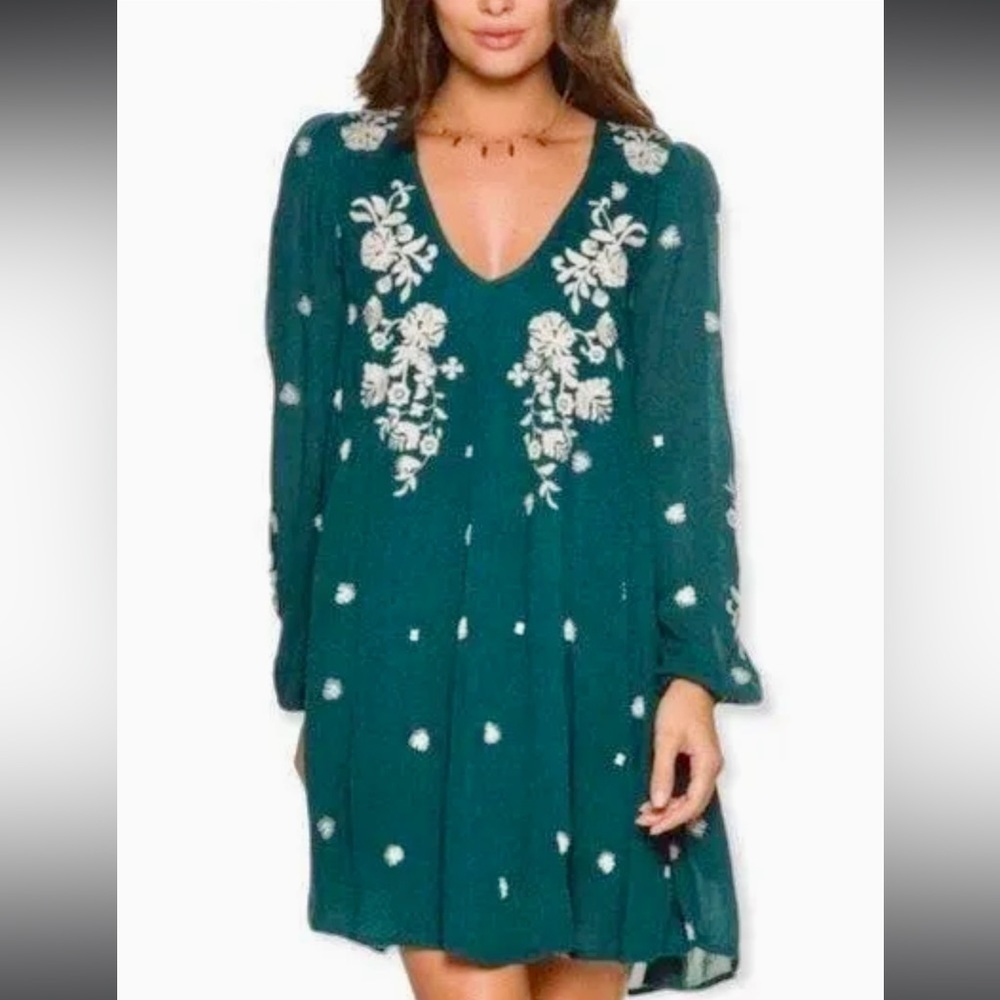 Free People Green Sweet Tennessee Embroidered Long Sleeve Dress
